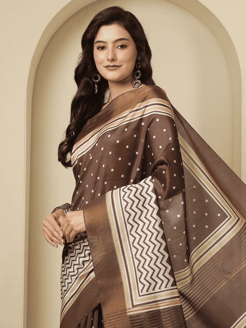 Brown Kosa Silk Saree with Zari Border - Image 4