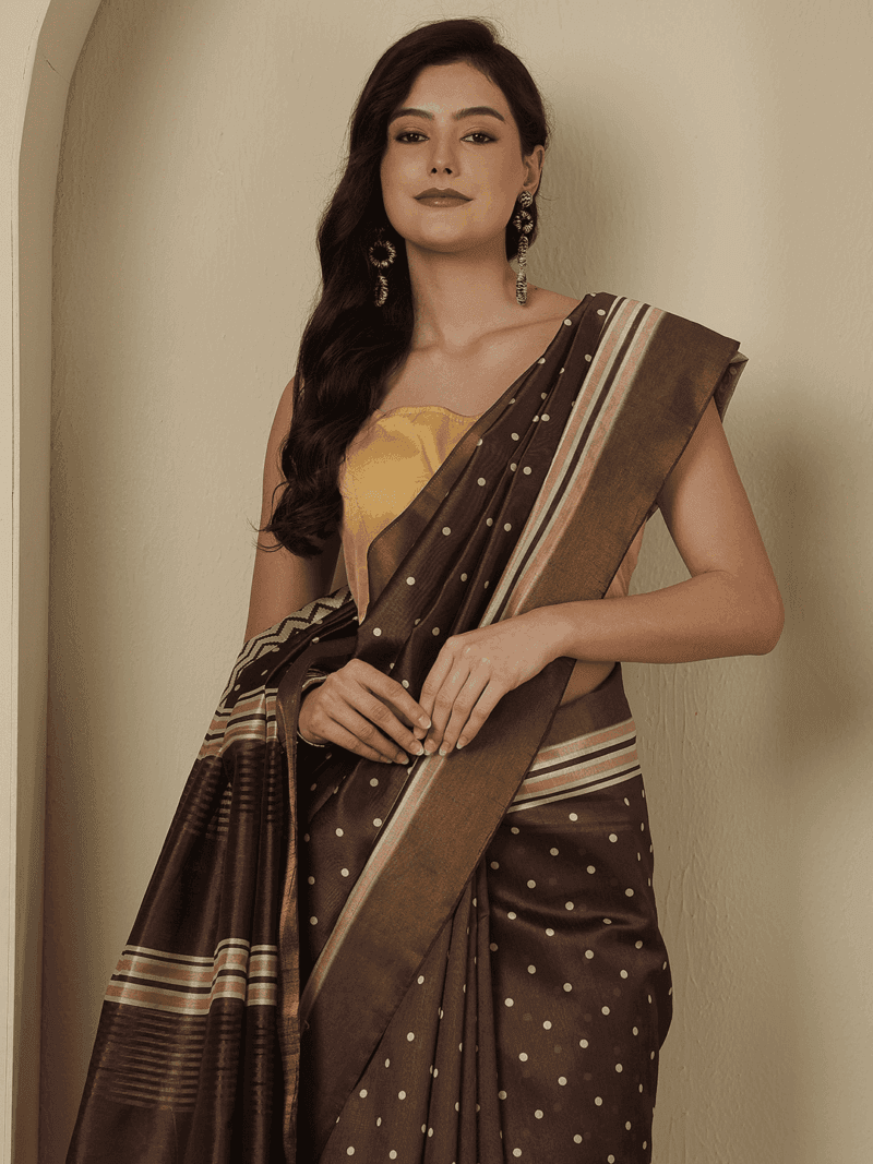 Brown Kosa Silk Saree with Zari Border - Image 5
