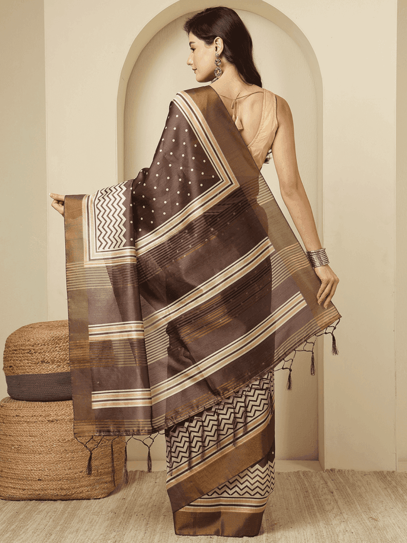 Brown Kosa Silk Saree with Zari Border - Image 6