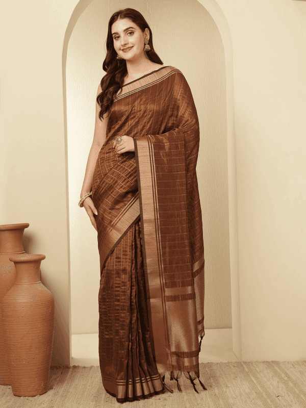 Brown Banarasi Raw Silk Saree with Zari Border
