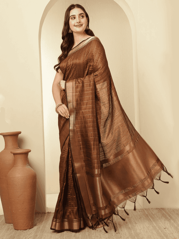 Brown Banarasi Raw Silk Saree with Zari Border