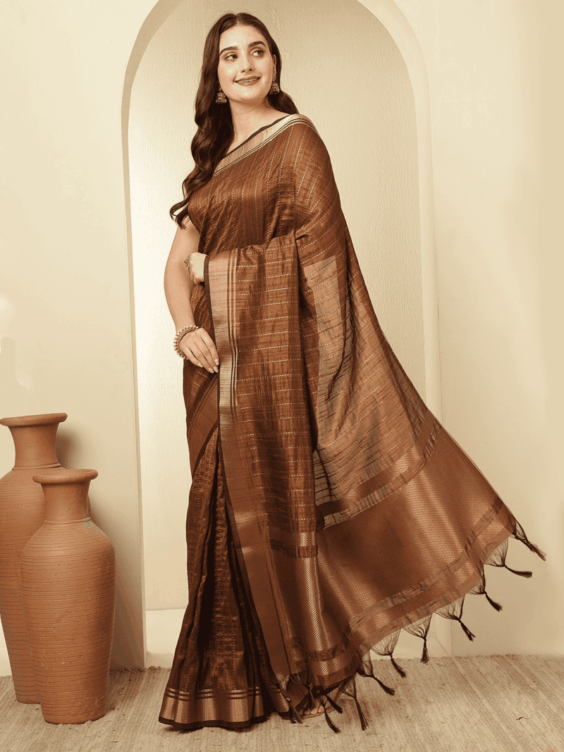 Brown Banarasi Raw Silk Saree with Zari Border - Image 2