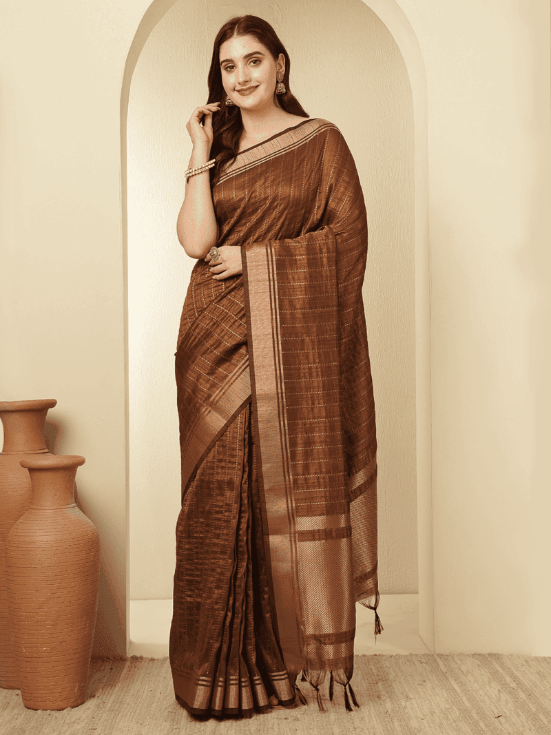 Brown Banarasi Raw Silk Saree with Zari Border - Image 3