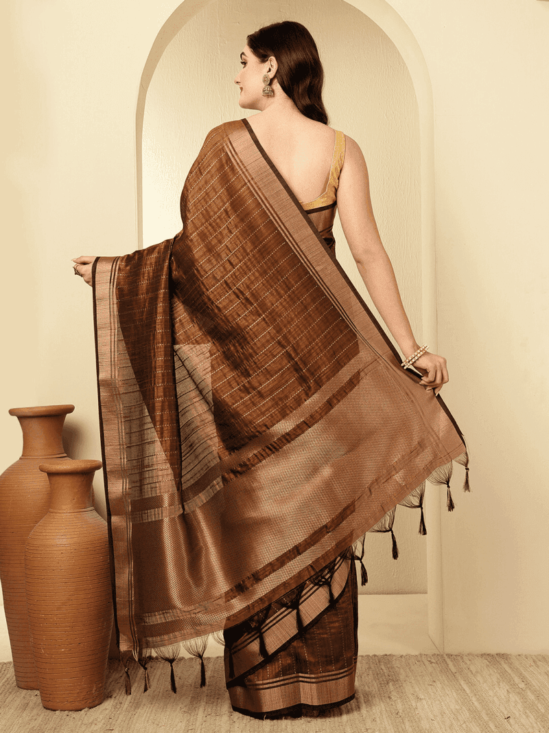 Brown Banarasi Raw Silk Saree with Zari Border - Image 4
