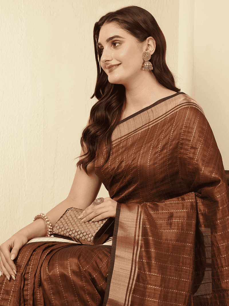 Brown Banarasi Raw Silk Saree with Zari Border - Image 5