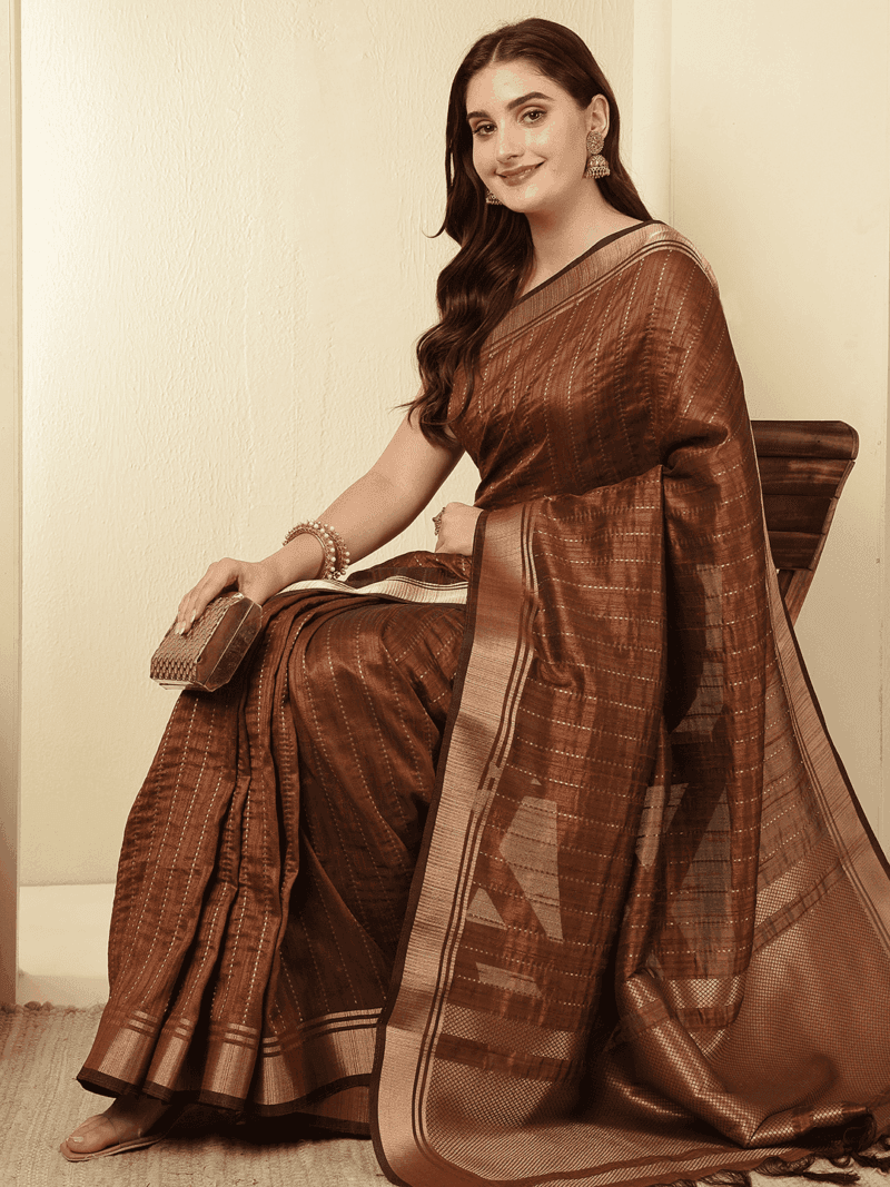 Brown Banarasi Raw Silk Saree with Zari Border - Image 6