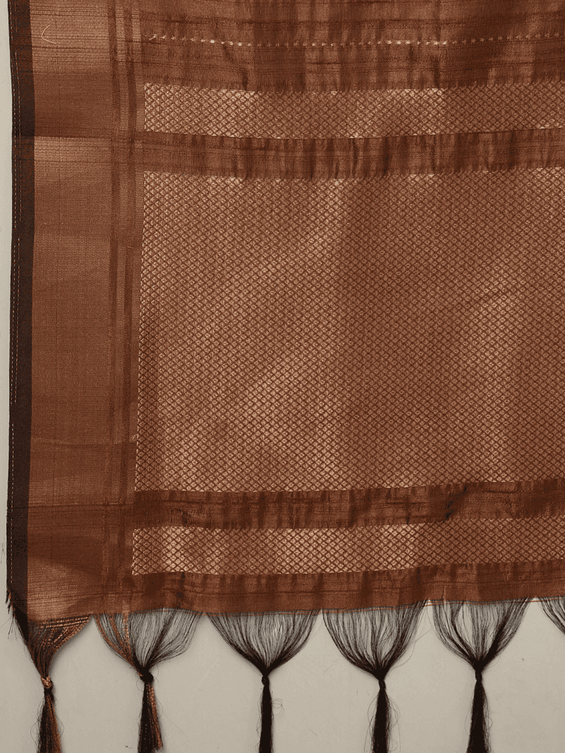 Brown Banarasi Raw Silk Saree with Zari Border - Image 7