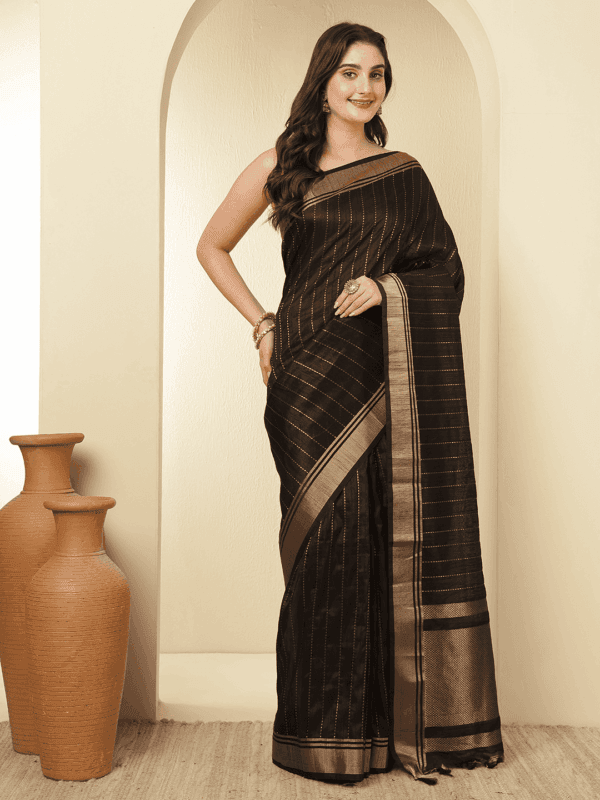 Black Banarasi Raw Silk Saree with Zari Border