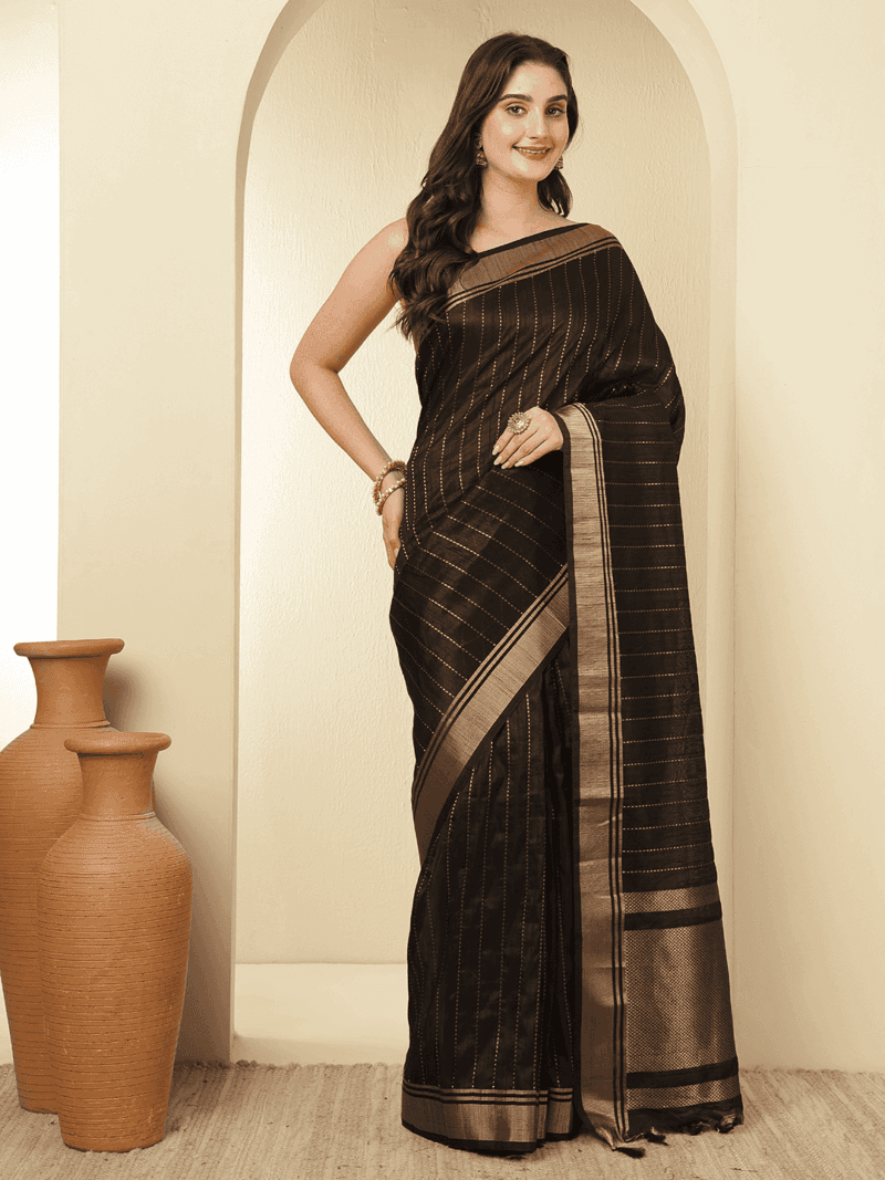 Black Banarasi Raw Silk Saree with Zari Border