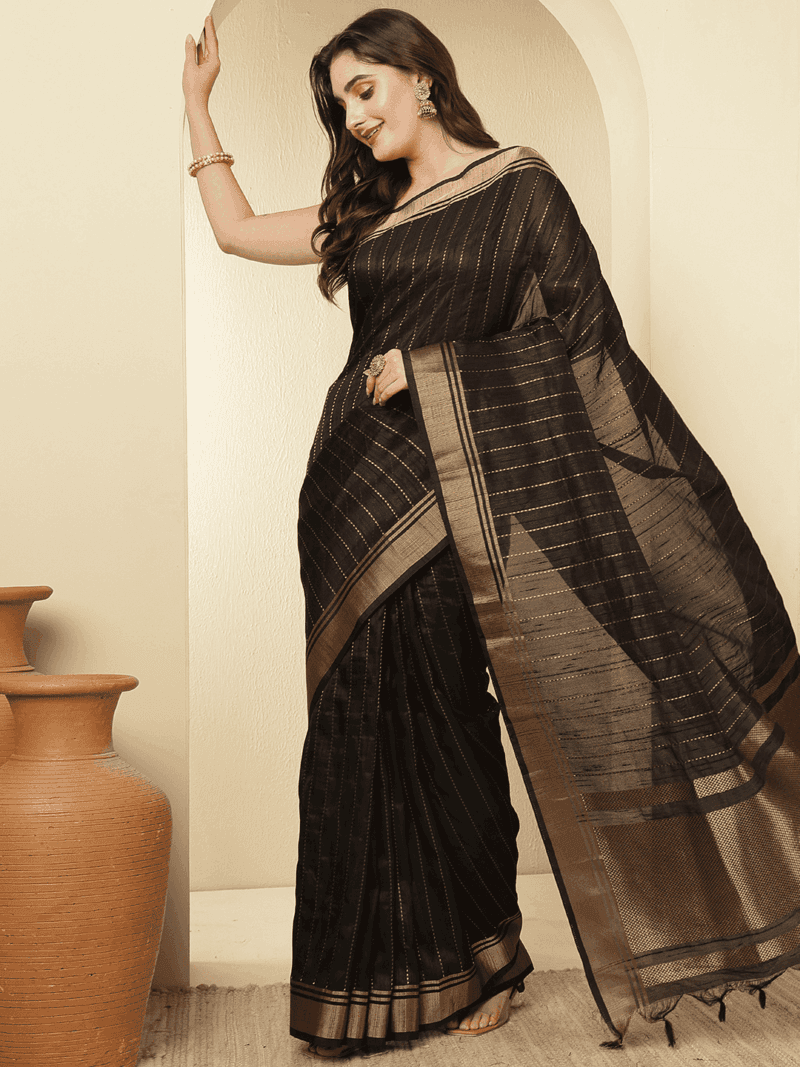 Black Banarasi Raw Silk Saree with Zari Border - Image 2