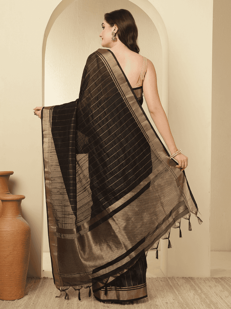 Black Banarasi Raw Silk Saree with Zari Border - Image 3