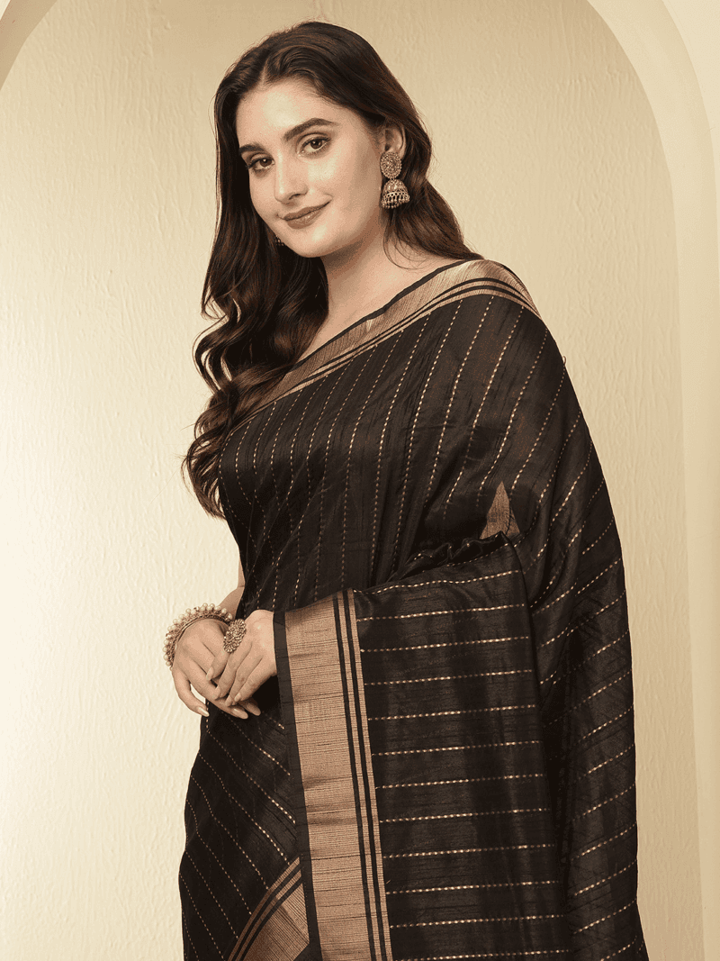 Black Banarasi Raw Silk Saree with Zari Border - Image 4