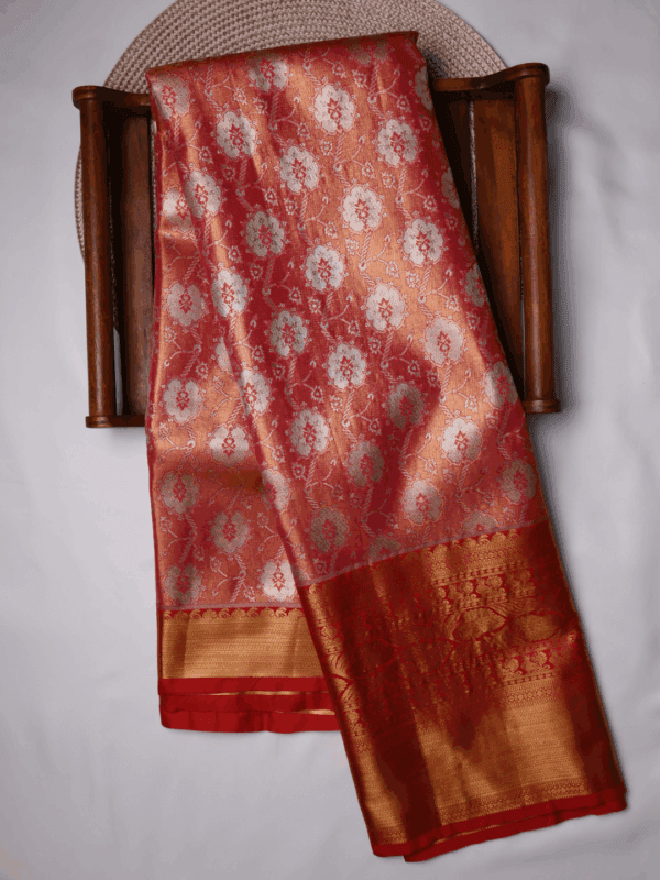 Kanjeevaram Silk Saree – Peach with Red Zari Border & Golden Floral Pallu – Handwoven Traditional Saree for Wedding & Festive Wear
