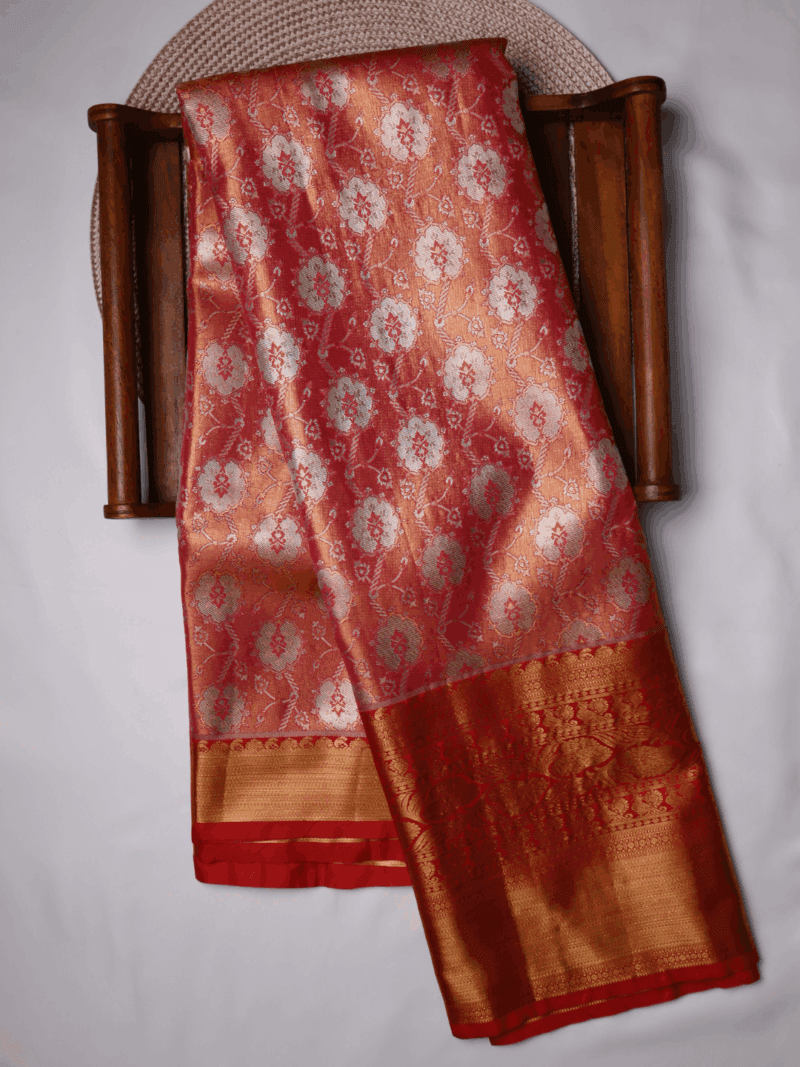 Kanjeevaram Silk Saree – Peach with Red Zari Border & Golden Floral Pallu – Handwoven Traditional Saree for Wedding & Festive Wear - Image 2
