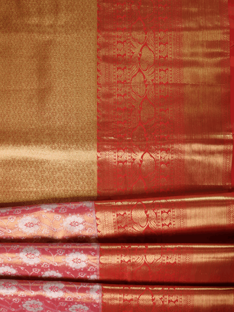 Kanjeevaram Silk Saree – Peach with Red Zari Border & Golden Floral Pallu – Handwoven Traditional Saree for Wedding & Festive Wear - Image 3