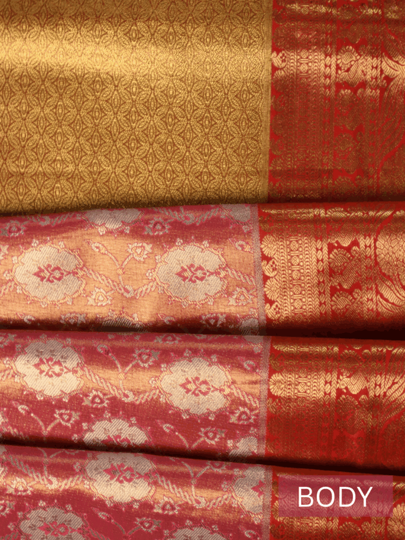 Kanjeevaram Silk Saree – Peach with Red Zari Border & Golden Floral Pallu – Handwoven Traditional Saree for Wedding & Festive Wear - Image 4