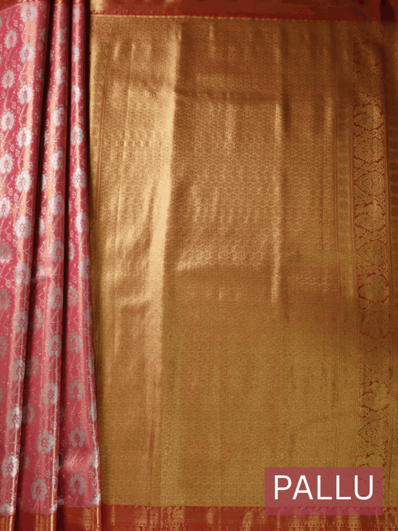 Kanjeevaram Silk Saree – Peach with Red Zari Border & Golden Floral Pallu – Handwoven Traditional Saree for Wedding & Festive Wear - Image 5