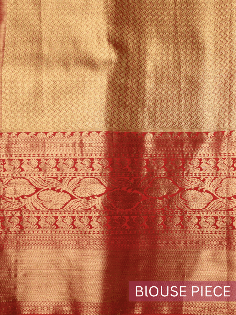 Kanjeevaram Silk Saree – Peach with Red Zari Border & Golden Floral Pallu – Handwoven Traditional Saree for Wedding & Festive Wear - Image 6