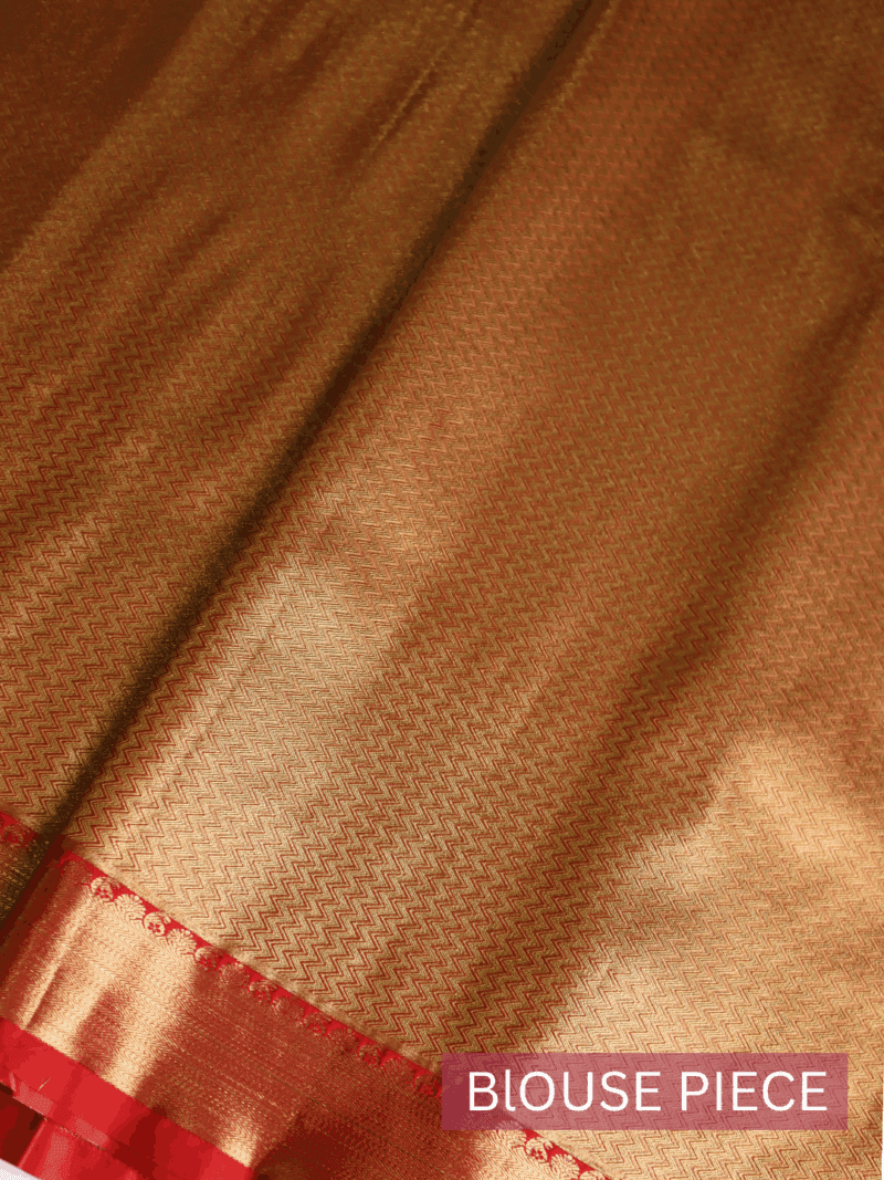 Kanjeevaram Silk Saree – Peach with Red Zari Border & Golden Floral Pallu – Handwoven Traditional Saree for Wedding & Festive Wear - Image 7