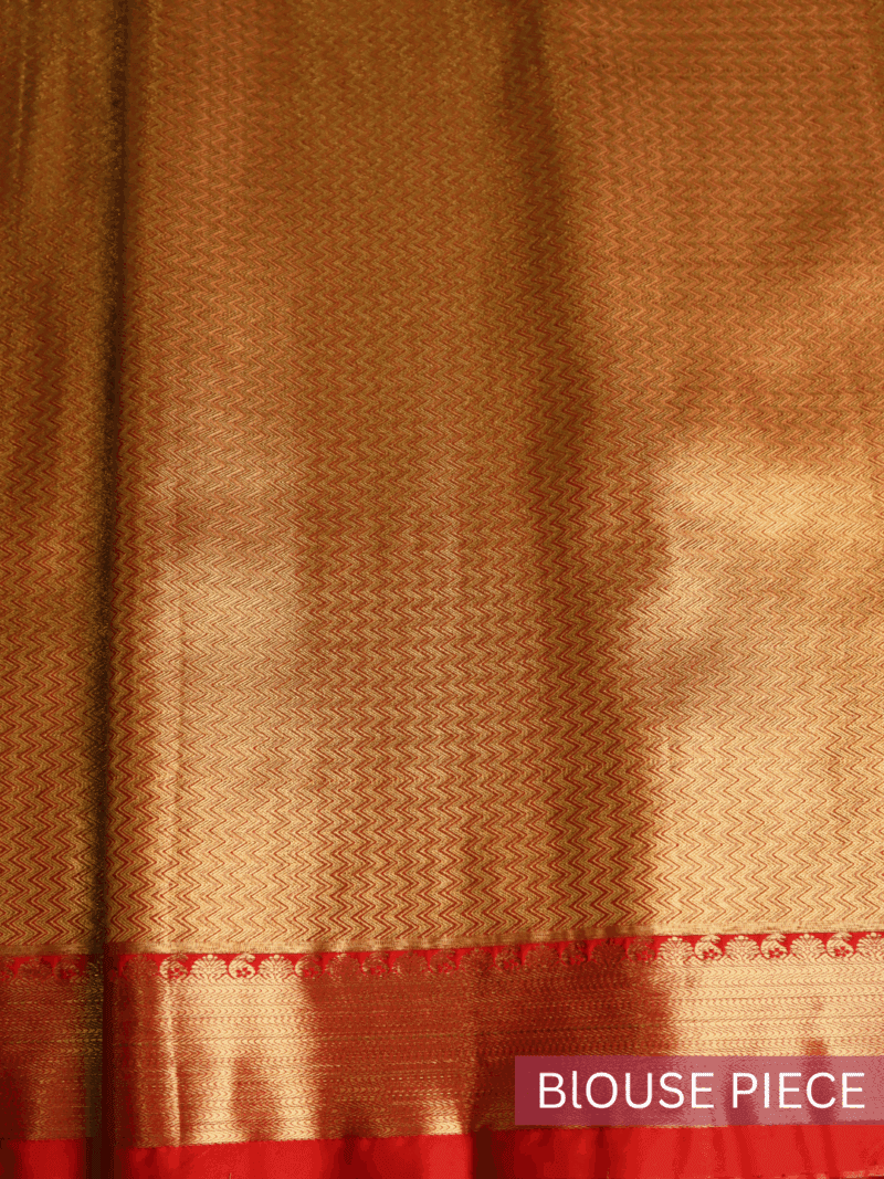 Kanjeevaram Silk Saree – Peach with Red Zari Border & Golden Floral Pallu – Handwoven Traditional Saree for Wedding & Festive Wear - Image 8