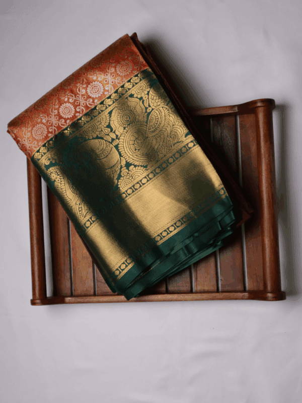 Kanjeevaram Silk Saree – Orange with Green Zari Border & Golden Pallu – Handwoven Festive & Wedding Saree