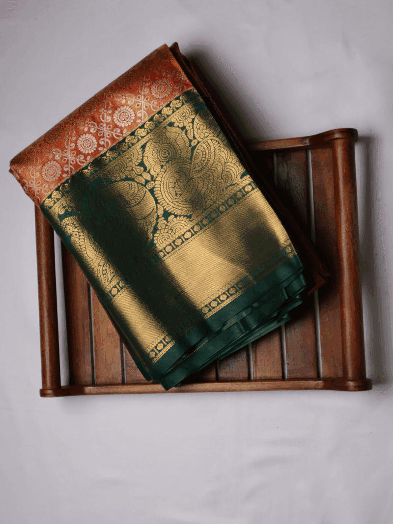 Kanjeevaram Silk Saree – Orange with Green Zari Border & Golden Pallu – Handwoven Festive & Wedding Saree