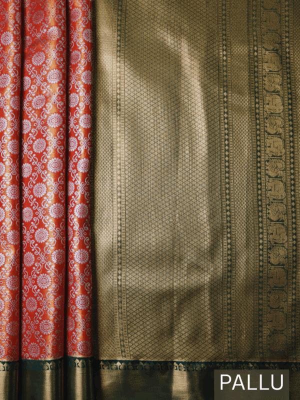 Kanjeevaram Silk Saree – Orange with Green Zari Border & Golden Pallu – Handwoven Festive & Wedding Saree