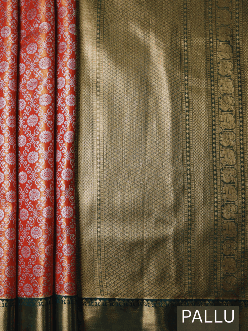 Kanjeevaram Silk Saree – Orange with Green Zari Border & Golden Pallu – Handwoven Festive & Wedding Saree - Image 2