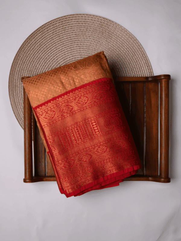 Kanjeevaram Handwoven Silk Saree for Women – Peach with Red Zari Border & Blouse Piece – Traditional Wedding & Festive Wear