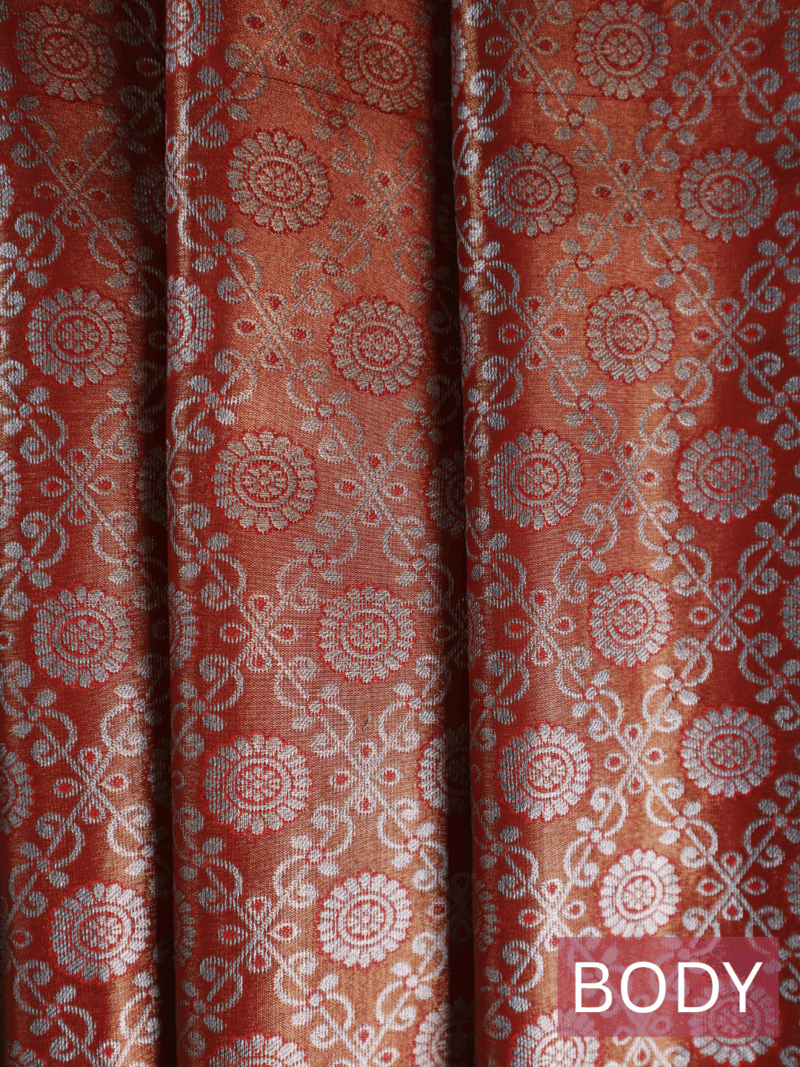 Kanjeevaram Silk Saree – Orange with Green Zari Border & Golden Pallu – Handwoven Festive & Wedding Saree - Image 3