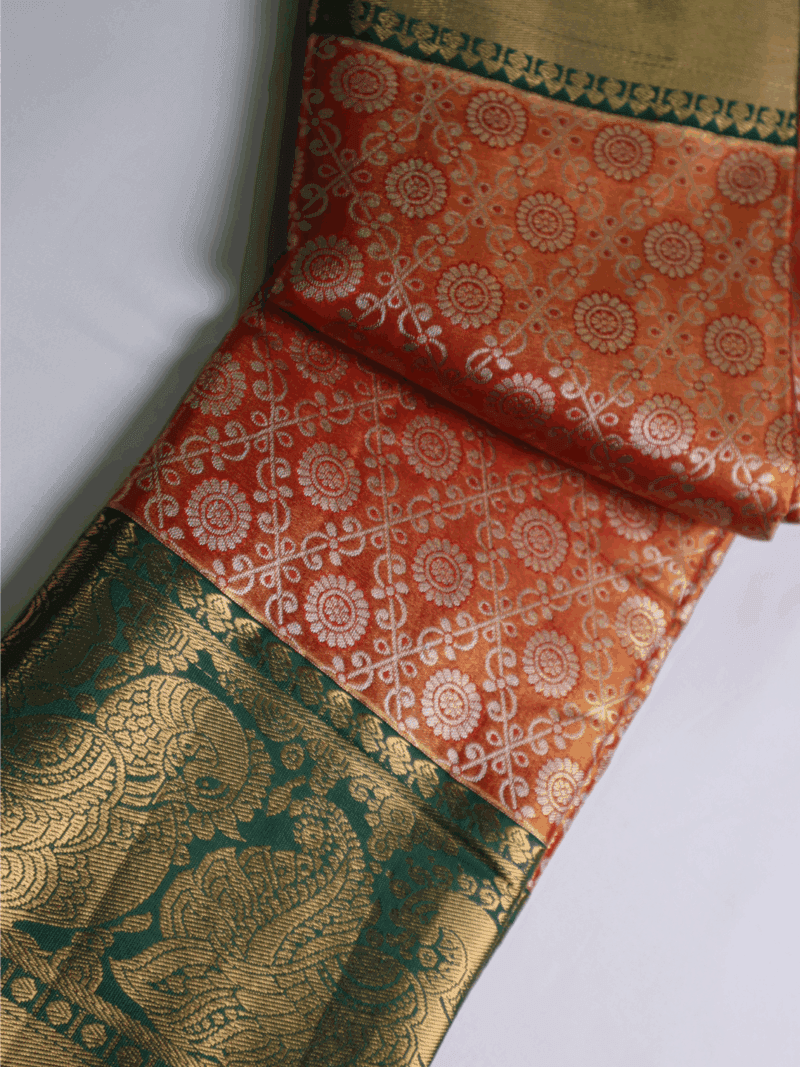 Kanjeevaram Silk Saree – Orange with Green Zari Border & Golden Pallu – Handwoven Festive & Wedding Saree - Image 4