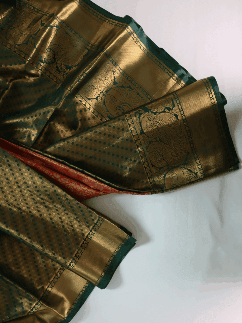 Kanjeevaram Silk Saree – Orange with Green Zari Border & Golden Pallu – Handwoven Festive & Wedding Saree - Image 5