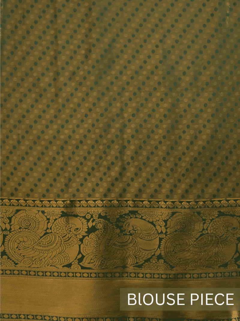 Kanjeevaram Silk Saree – Orange with Green Zari Border & Golden Pallu – Handwoven Festive & Wedding Saree - Image 6