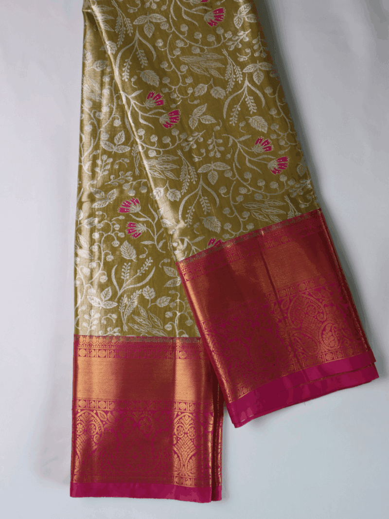 Kanjeevaram Silk Saree – Muted Yellow with Pink Zari Border & Golden Floral Pallu – Handwoven Saree for Weddings & Traditional Functions - Image 4