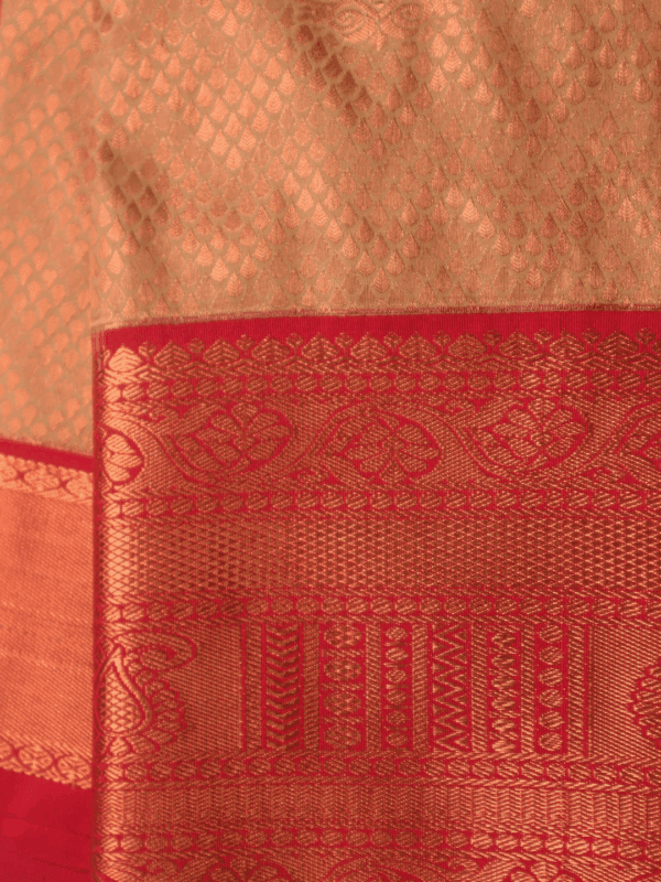 Kanjeevaram Handwoven Silk Saree for Women – Peach with Red Zari Border & Blouse Piece – Traditional Wedding & Festive Wear