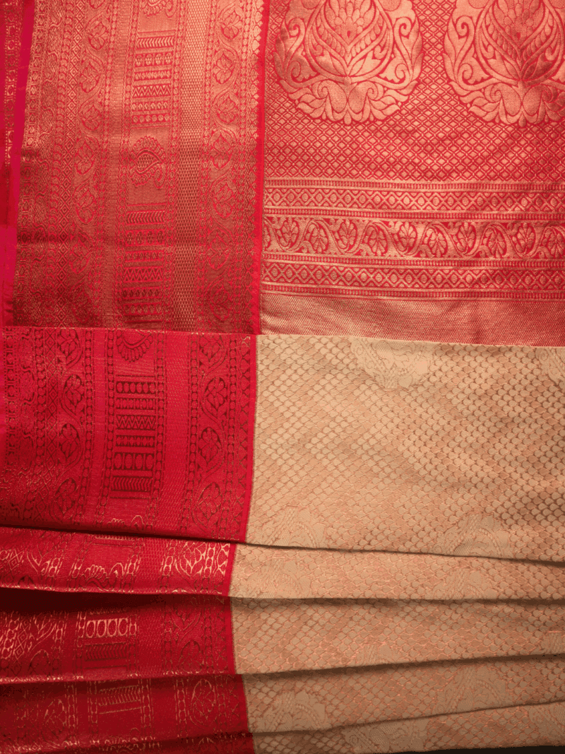 Kanjeevaram Handwoven Silk Saree for Women – Peach with Red Zari Border & Blouse Piece – Traditional Wedding & Festive Wear - Image 3