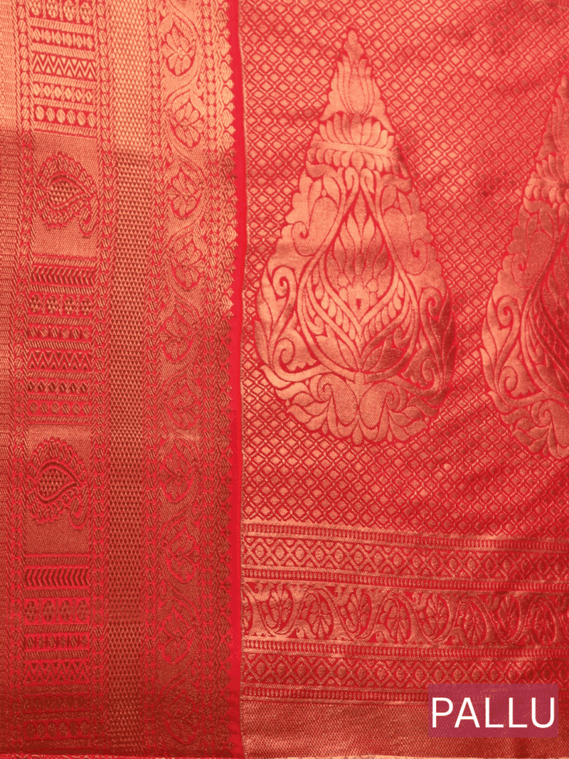 Kanjeevaram Handwoven Silk Saree for Women – Peach with Red Zari Border & Blouse Piece – Traditional Wedding & Festive Wear - Image 5