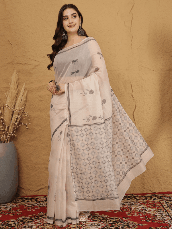 White Chanderi Silk Saree with Dragonfly & Ethnic Motifs