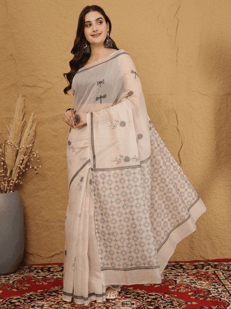 White Chanderi Silk Saree with Dragonfly & Ethnic Motifs