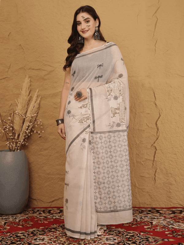 White Chanderi Silk Saree with Dragonfly & Ethnic Motifs