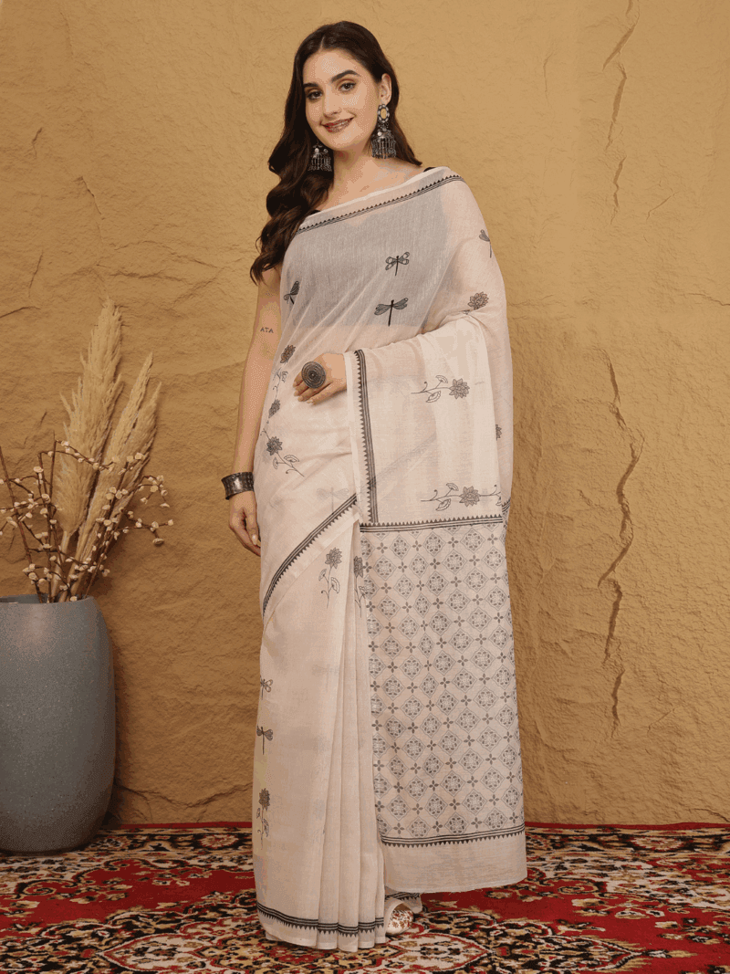 White Chanderi Silk Saree with Dragonfly & Ethnic Motifs - Image 2