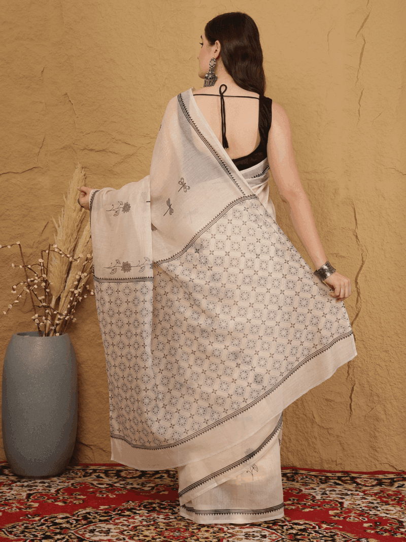 White Chanderi Silk Saree with Dragonfly & Ethnic Motifs - Image 3