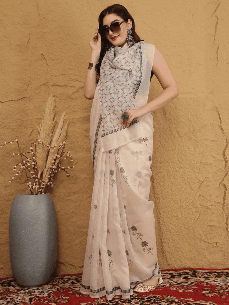 White Chanderi Silk Saree with Dragonfly & Ethnic Motifs - Image 4