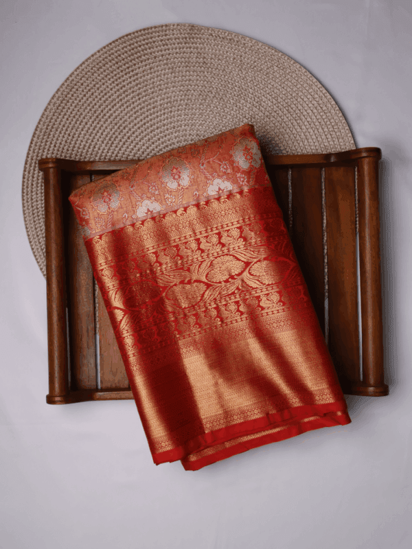 Kanjeevaram Silk Saree – Peach with Red Zari Border & Golden Floral Pallu – Handwoven Traditional Saree for Wedding & Festive Wear